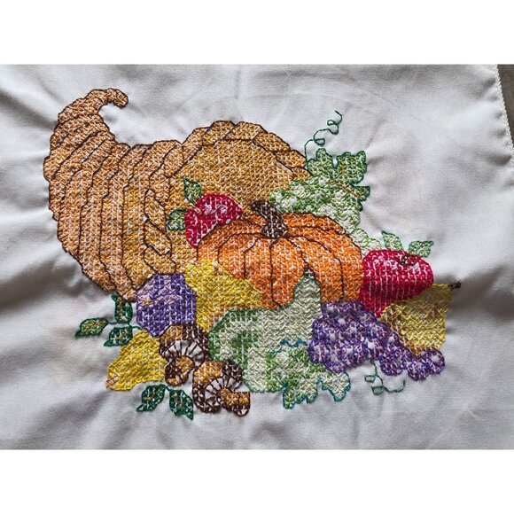 Thanksgiving Hand-Embroidered Cornucopia Table Runner With Fruit Design - Picture 2 of 8
